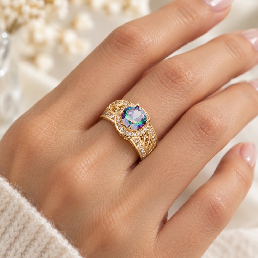 Gold Tone Rainbow Oval Stone Halo Ring Filigree Statement Band (R4)